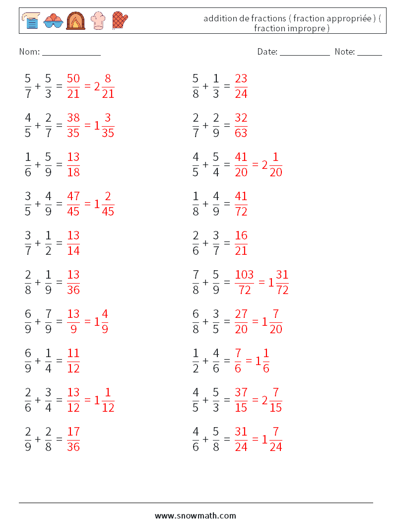 (20) addition de fractions ( fraction appropriée ) ( fraction impropre ) Fiches d'Exercices de Mathématiques 11 Question, Réponse
