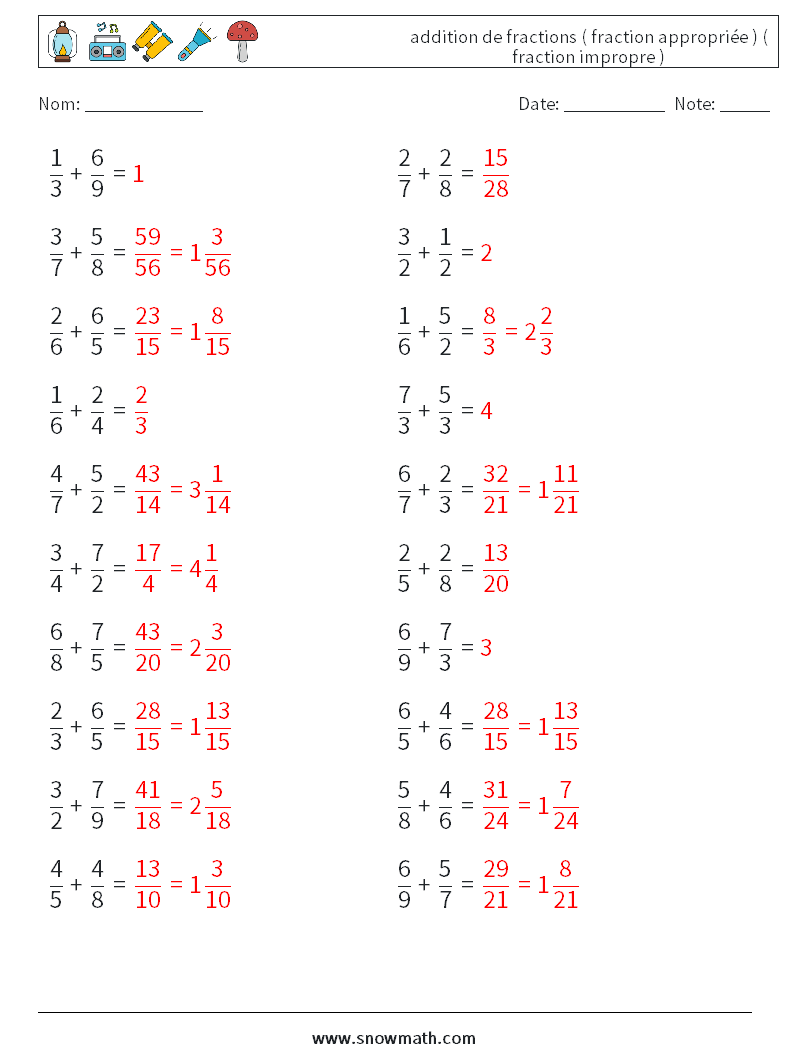 (20) addition de fractions ( fraction appropriée ) ( fraction impropre ) Fiches d'Exercices de Mathématiques 12 Question, Réponse