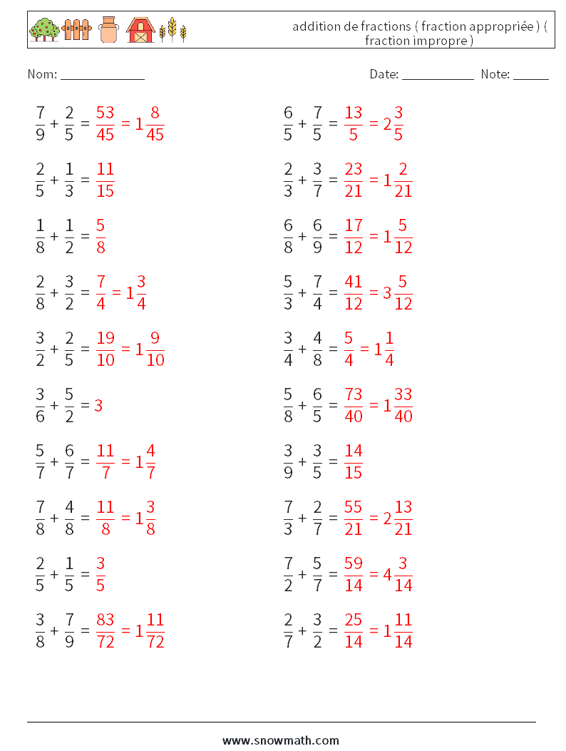 (20) addition de fractions ( fraction appropriée ) ( fraction impropre ) Fiches d'Exercices de Mathématiques 13 Question, Réponse