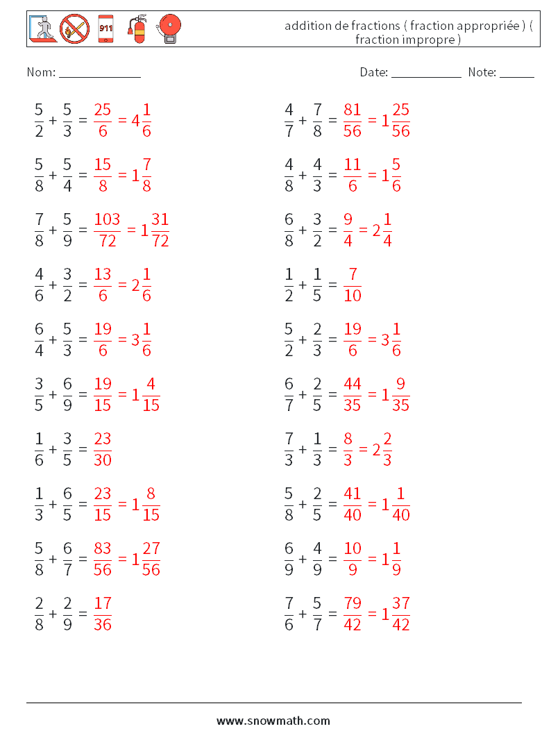 (20) addition de fractions ( fraction appropriée ) ( fraction impropre ) Fiches d'Exercices de Mathématiques 14 Question, Réponse