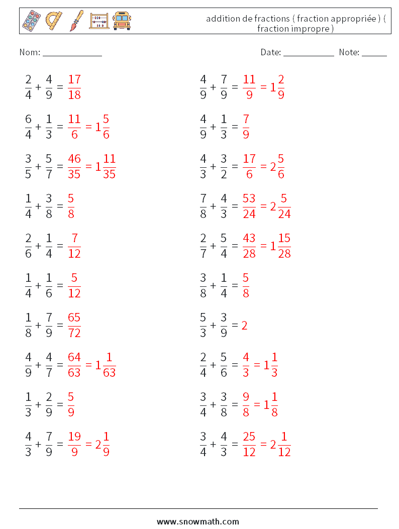 (20) addition de fractions ( fraction appropriée ) ( fraction impropre ) Fiches d'Exercices de Mathématiques 15 Question, Réponse