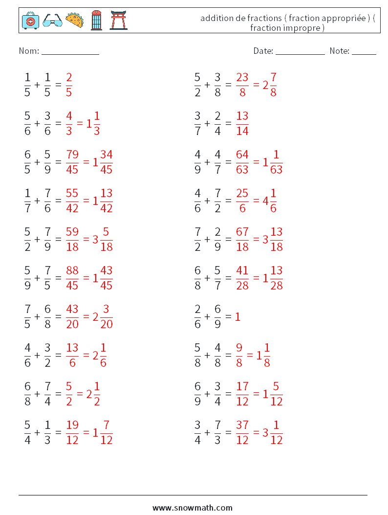 (20) addition de fractions ( fraction appropriée ) ( fraction impropre ) Fiches d'Exercices de Mathématiques 16 Question, Réponse