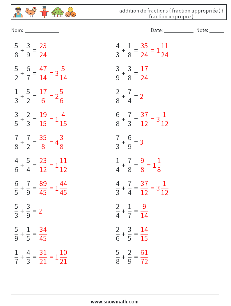 (20) addition de fractions ( fraction appropriée ) ( fraction impropre ) Fiches d'Exercices de Mathématiques 17 Question, Réponse
