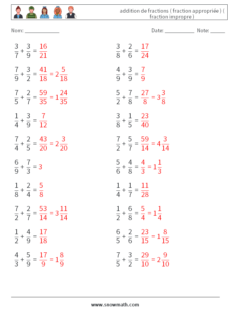 (20) addition de fractions ( fraction appropriée ) ( fraction impropre ) Fiches d'Exercices de Mathématiques 18 Question, Réponse