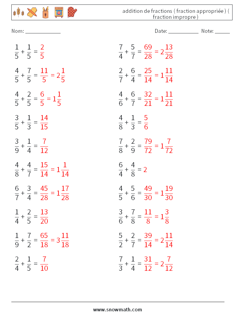 (20) addition de fractions ( fraction appropriée ) ( fraction impropre ) Fiches d'Exercices de Mathématiques 2 Question, Réponse