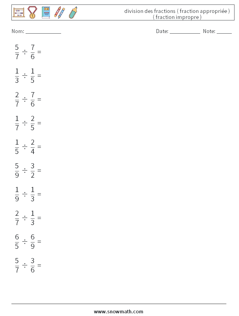 (10) division des fractions ( fraction appropriée ) ( fraction impropre ) Fiches d'Exercices de Mathématiques 10