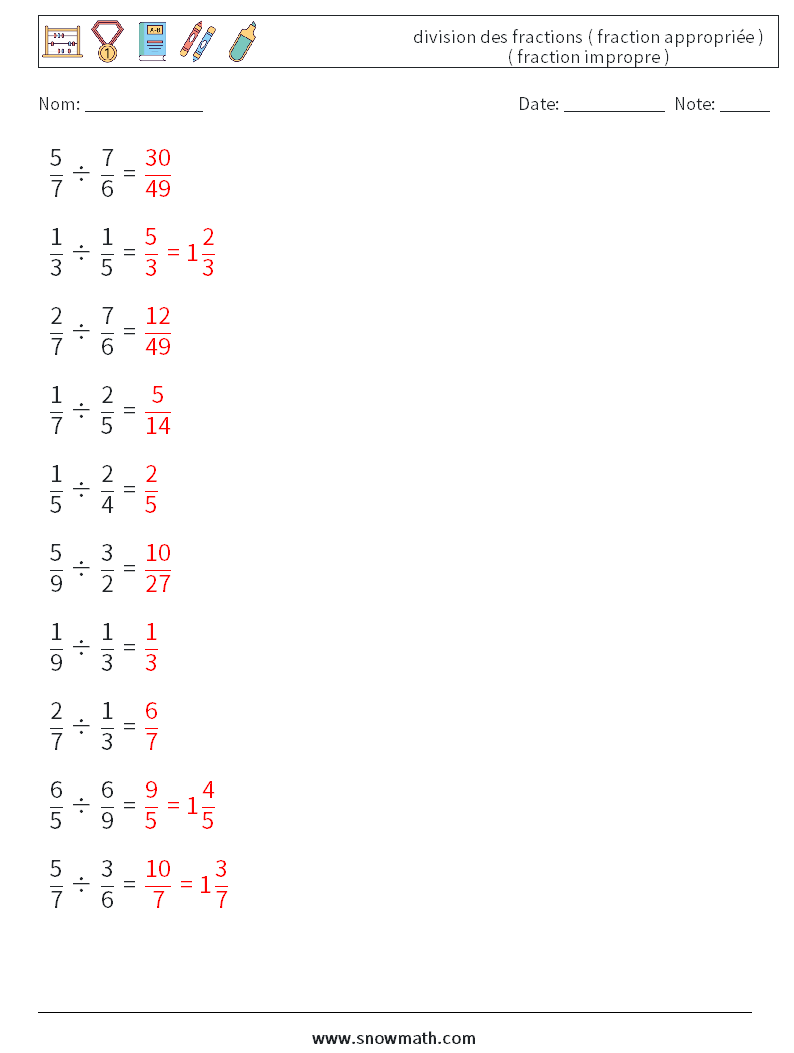 (10) division des fractions ( fraction appropriée ) ( fraction impropre ) Fiches d'Exercices de Mathématiques 10 Question, Réponse