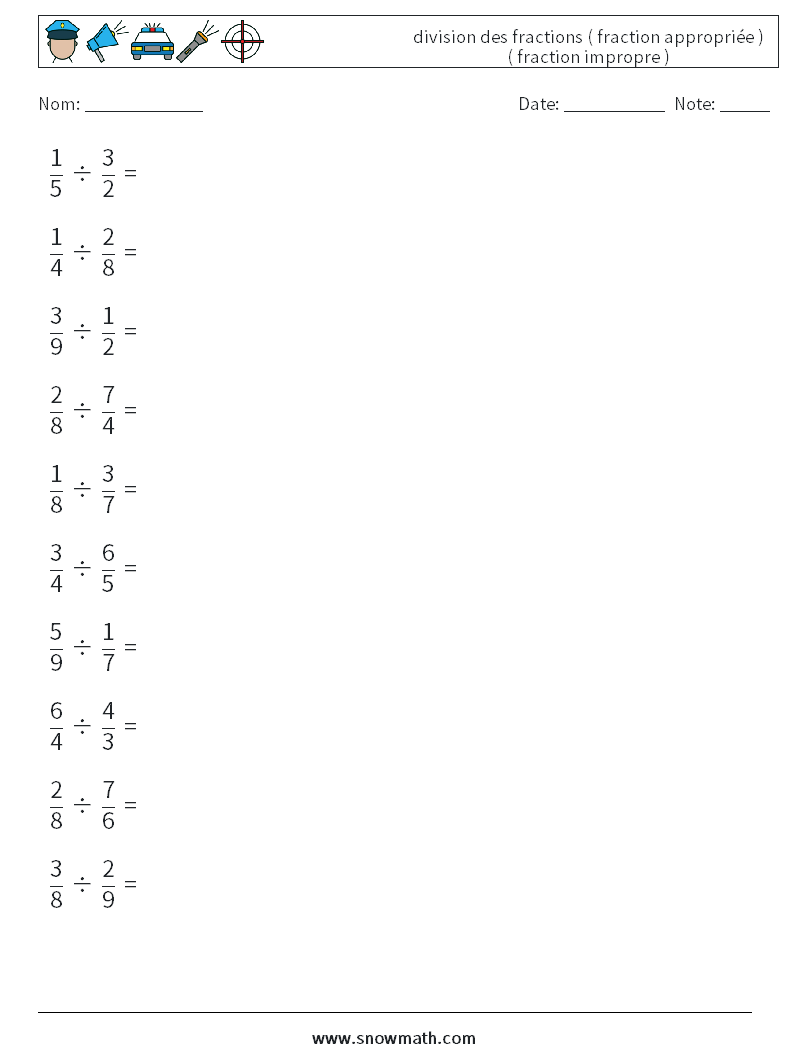 (10) division des fractions ( fraction appropriée ) ( fraction impropre ) Fiches d'Exercices de Mathématiques 11