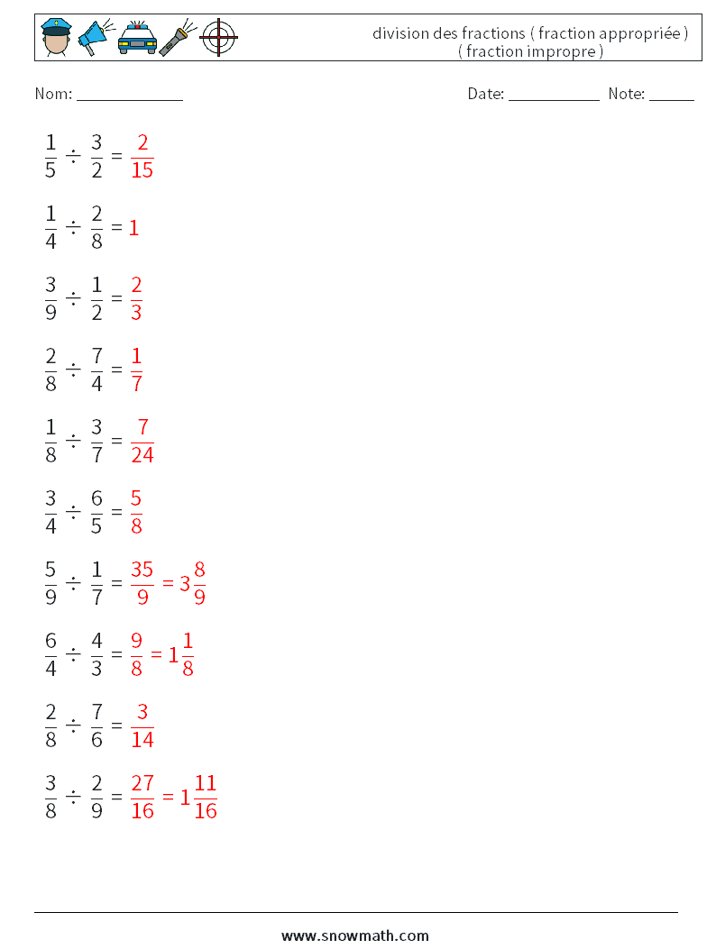 (10) division des fractions ( fraction appropriée ) ( fraction impropre ) Fiches d'Exercices de Mathématiques 11 Question, Réponse