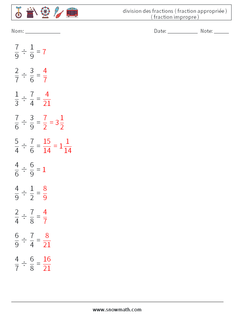 (10) division des fractions ( fraction appropriée ) ( fraction impropre ) Fiches d'Exercices de Mathématiques 12 Question, Réponse