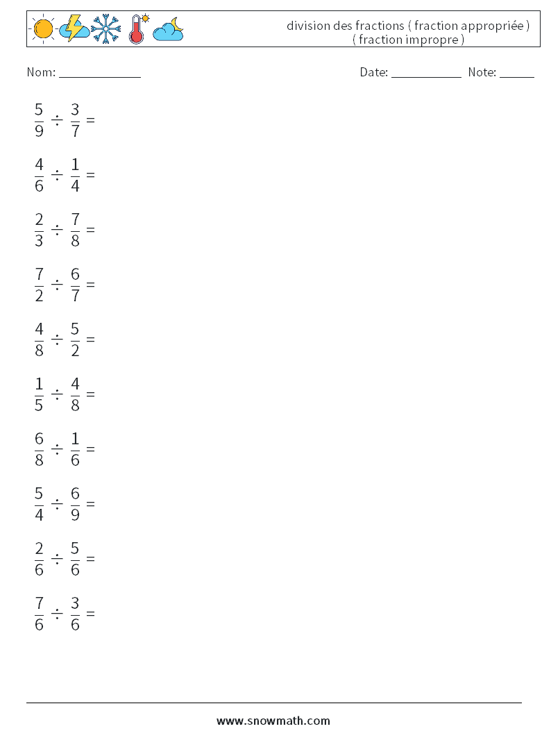 (10) division des fractions ( fraction appropriée ) ( fraction impropre ) Fiches d'Exercices de Mathématiques 13