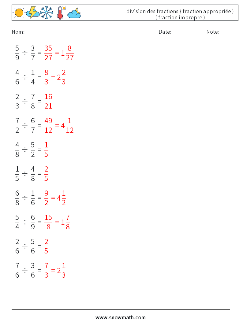 (10) division des fractions ( fraction appropriée ) ( fraction impropre ) Fiches d'Exercices de Mathématiques 13 Question, Réponse