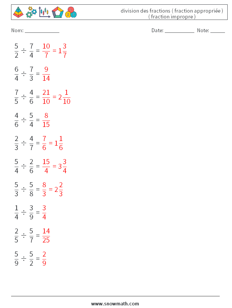(10) division des fractions ( fraction appropriée ) ( fraction impropre ) Fiches d'Exercices de Mathématiques 14 Question, Réponse