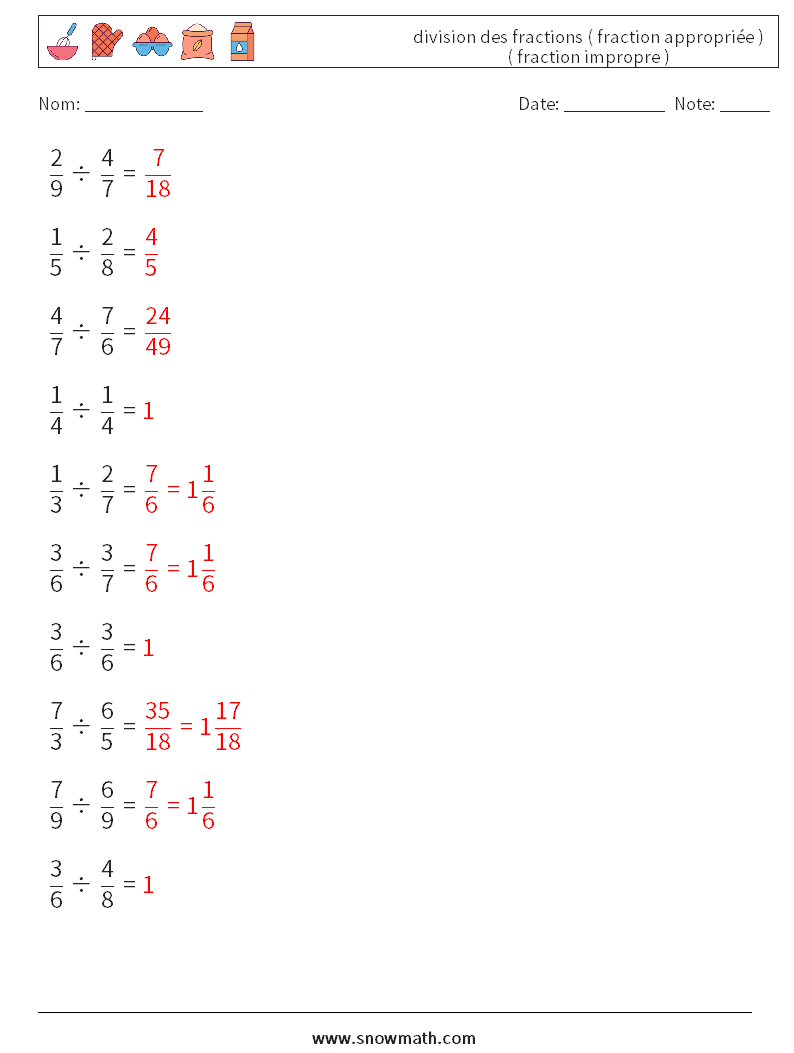 (10) division des fractions ( fraction appropriée ) ( fraction impropre ) Fiches d'Exercices de Mathématiques 15 Question, Réponse