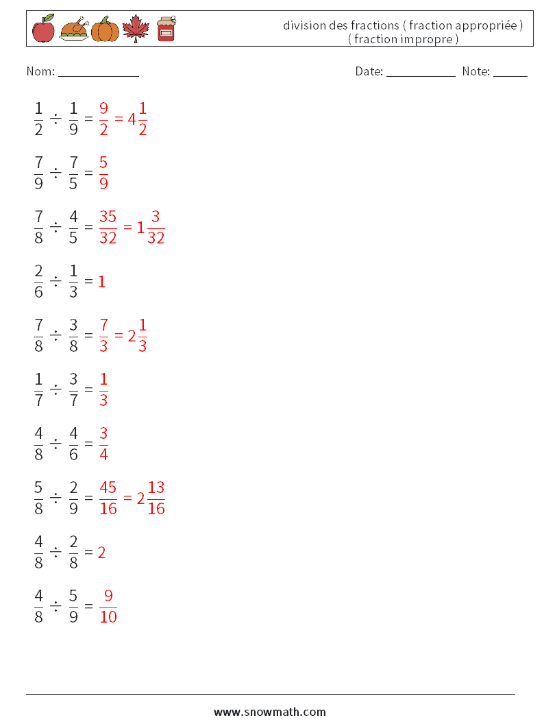 (10) division des fractions ( fraction appropriée ) ( fraction impropre ) Fiches d'Exercices de Mathématiques 16 Question, Réponse