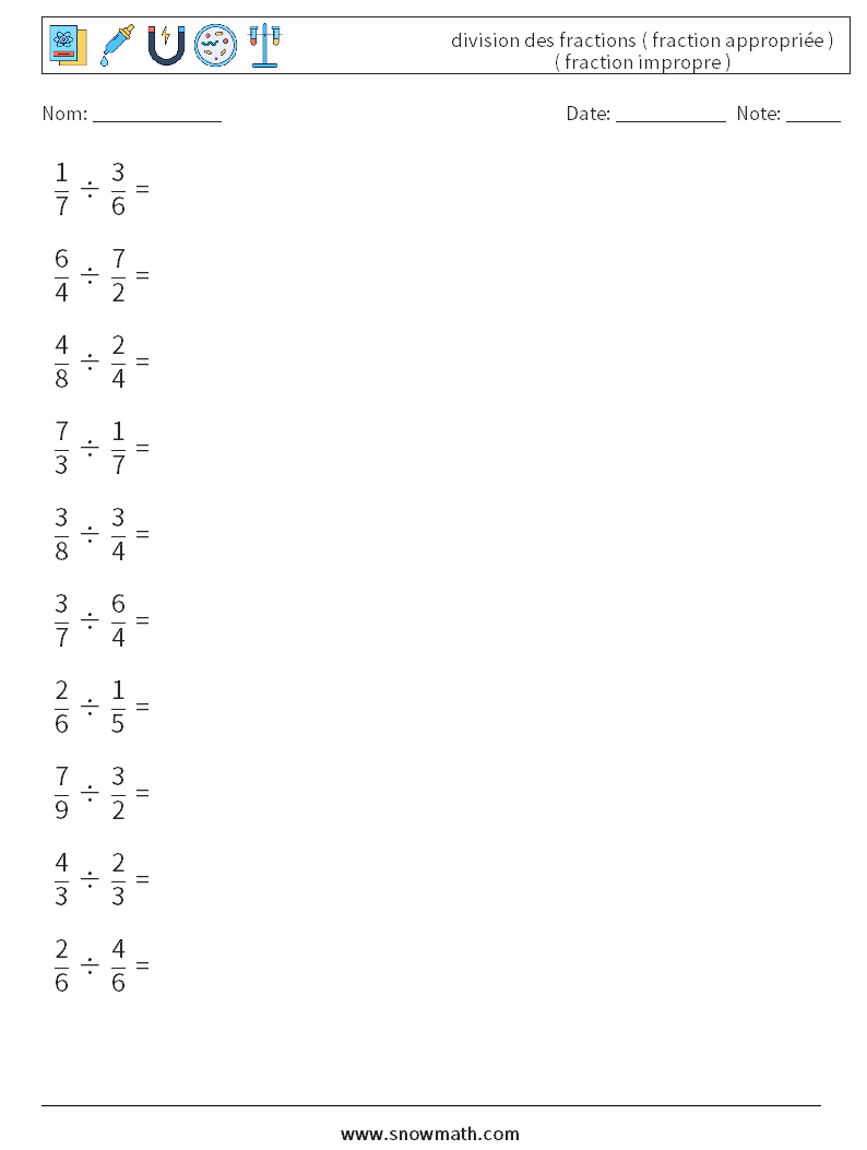 (10) division des fractions ( fraction appropriée ) ( fraction impropre ) Fiches d'Exercices de Mathématiques 2