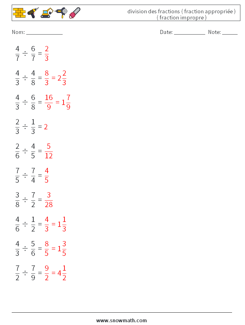 (10) division des fractions ( fraction appropriée ) ( fraction impropre ) Fiches d'Exercices de Mathématiques 6 Question, Réponse