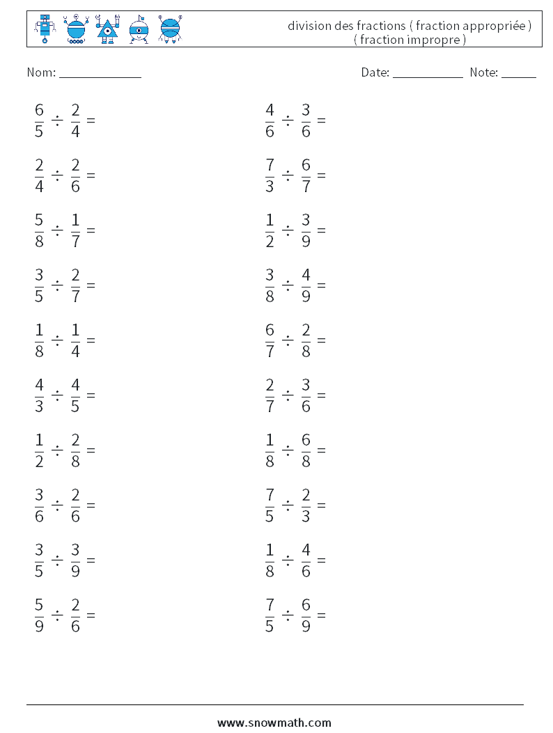 (20) division des fractions ( fraction appropriée ) ( fraction impropre ) Fiches d'Exercices de Mathématiques 1