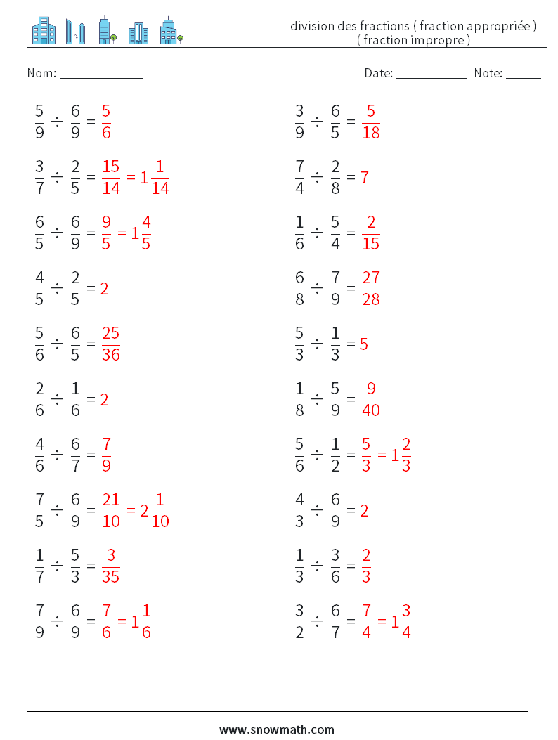 (20) division des fractions ( fraction appropriée ) ( fraction impropre ) Fiches d'Exercices de Mathématiques 10 Question, Réponse