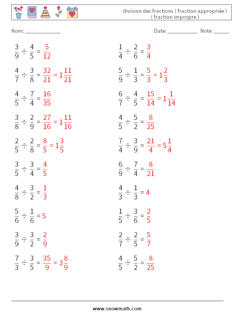 (20) division des fractions ( fraction appropriée ) ( fraction impropre ) Fiches d'Exercices de Mathématiques 11 Question, Réponse