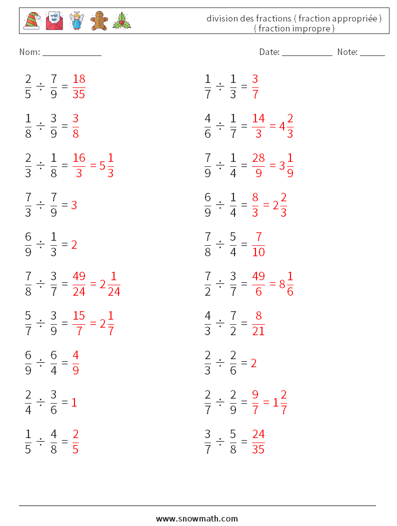 (20) division des fractions ( fraction appropriée ) ( fraction impropre ) Fiches d'Exercices de Mathématiques 12 Question, Réponse