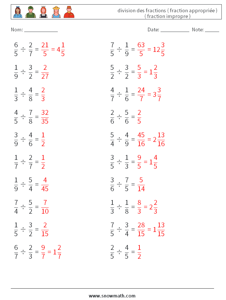 (20) division des fractions ( fraction appropriée ) ( fraction impropre ) Fiches d'Exercices de Mathématiques 13 Question, Réponse