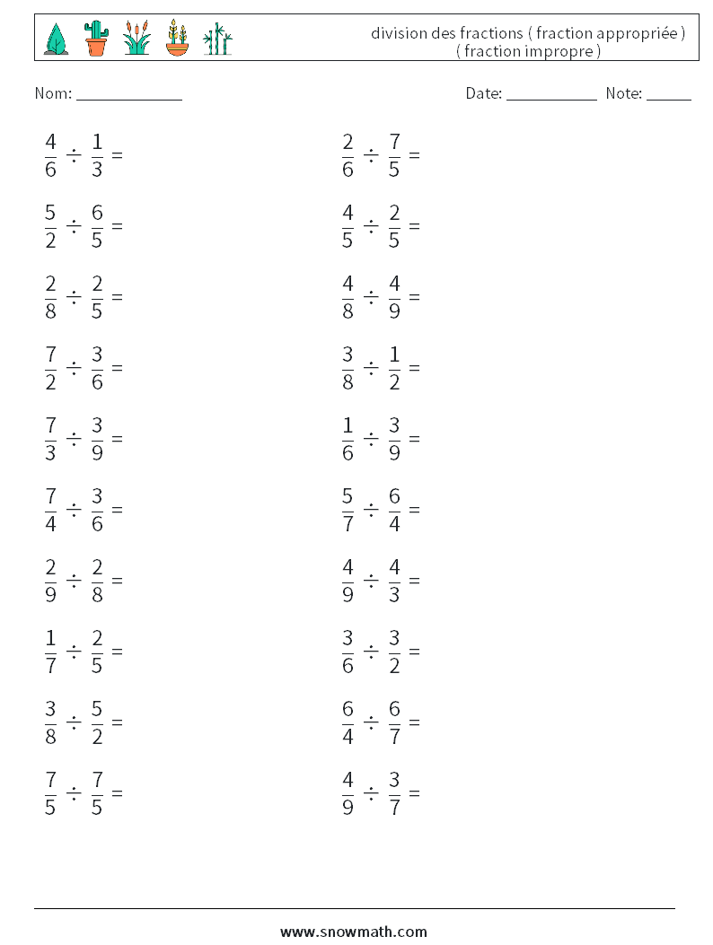 (20) division des fractions ( fraction appropriée ) ( fraction impropre ) Fiches d'Exercices de Mathématiques 14