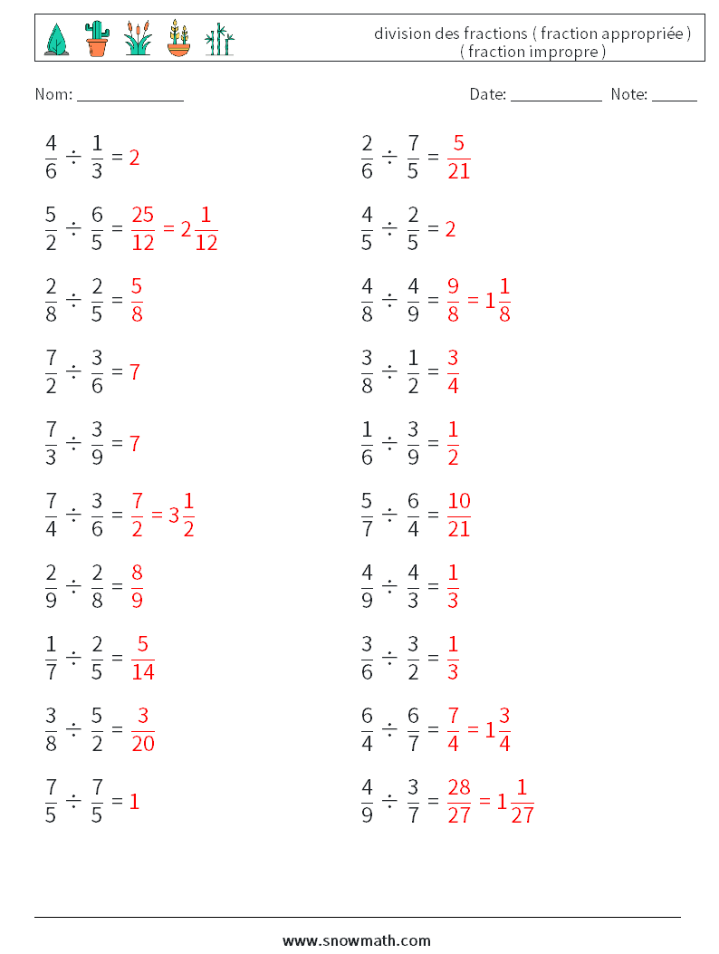 (20) division des fractions ( fraction appropriée ) ( fraction impropre ) Fiches d'Exercices de Mathématiques 14 Question, Réponse