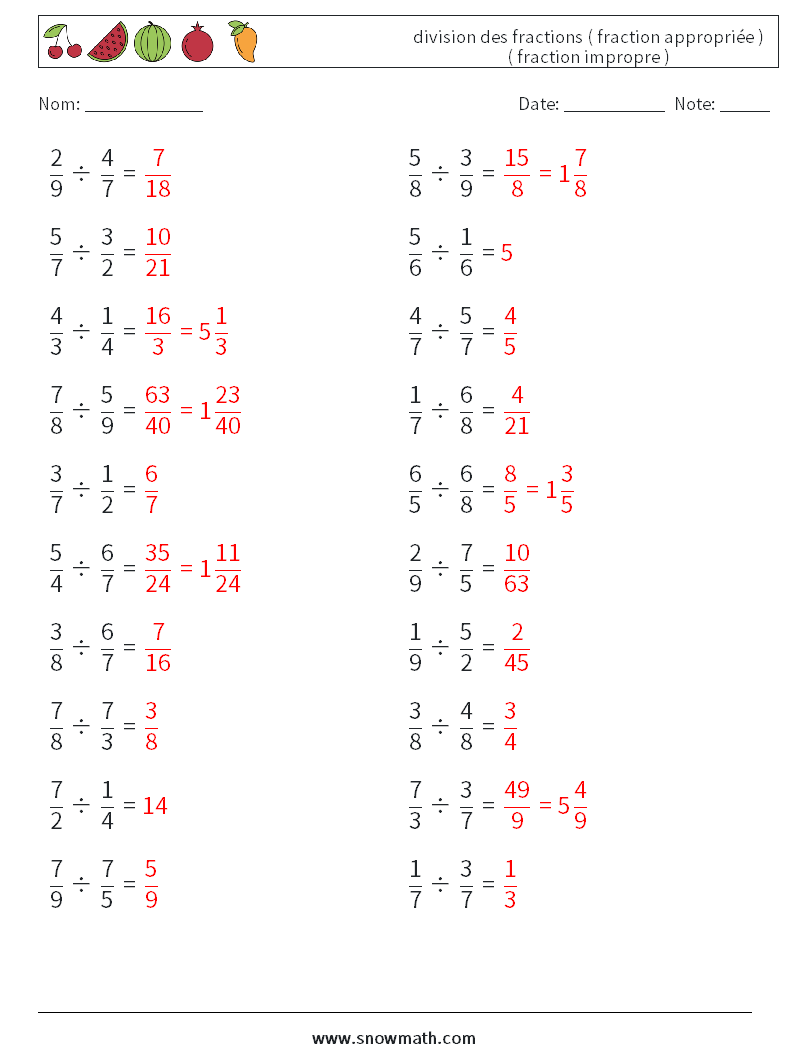 (20) division des fractions ( fraction appropriée ) ( fraction impropre ) Fiches d'Exercices de Mathématiques 16 Question, Réponse