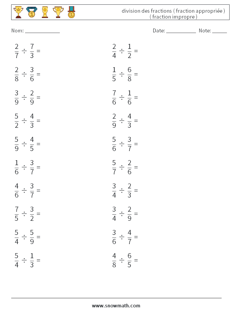 (20) division des fractions ( fraction appropriée ) ( fraction impropre ) Fiches d'Exercices de Mathématiques 17