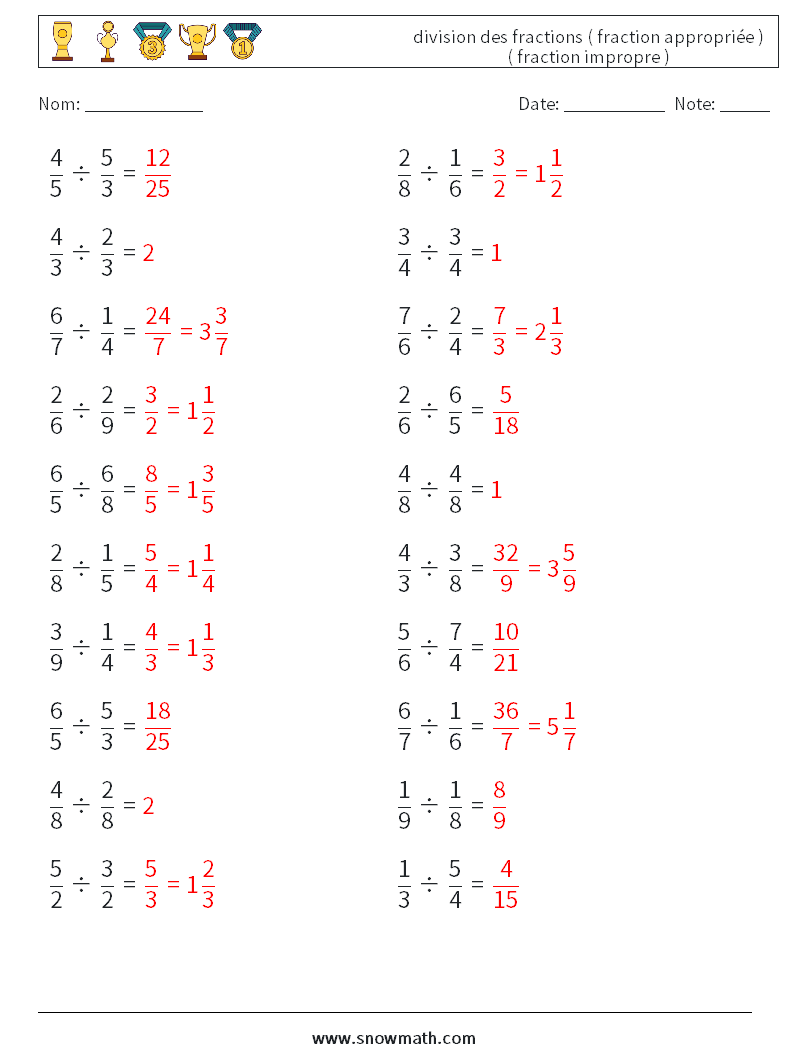 (20) division des fractions ( fraction appropriée ) ( fraction impropre ) Fiches d'Exercices de Mathématiques 18 Question, Réponse