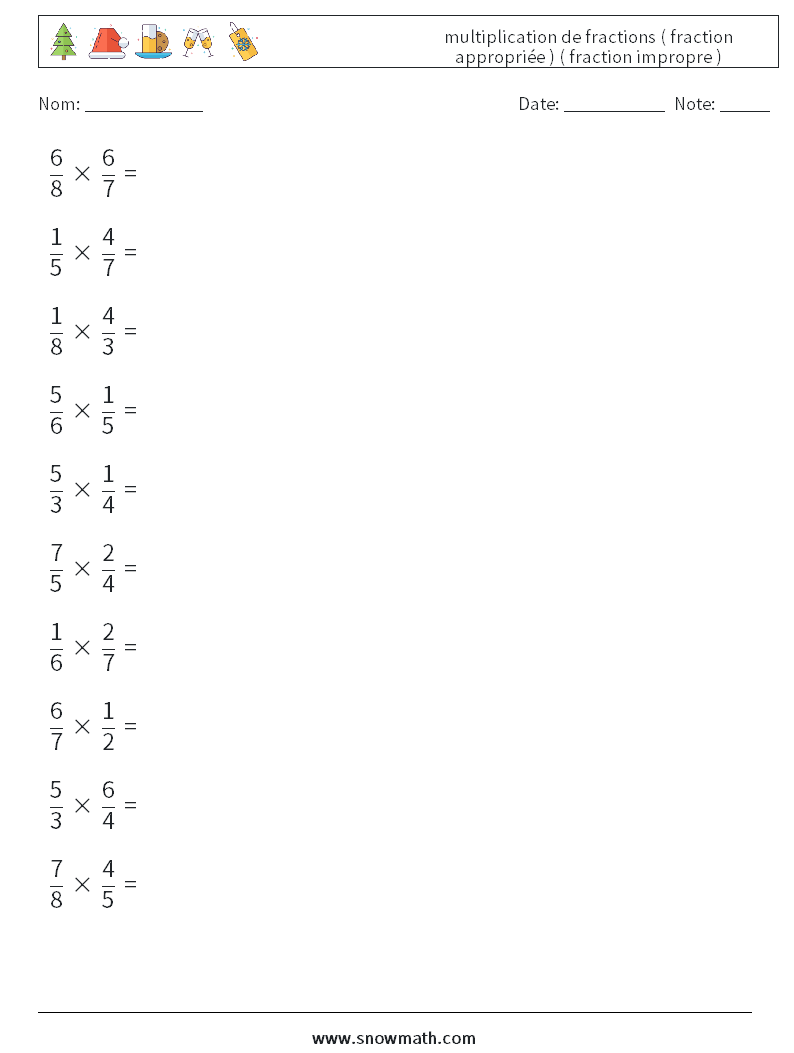 (10) multiplication de fractions ( fraction appropriée ) ( fraction impropre ) Fiches d'Exercices de Mathématiques 10