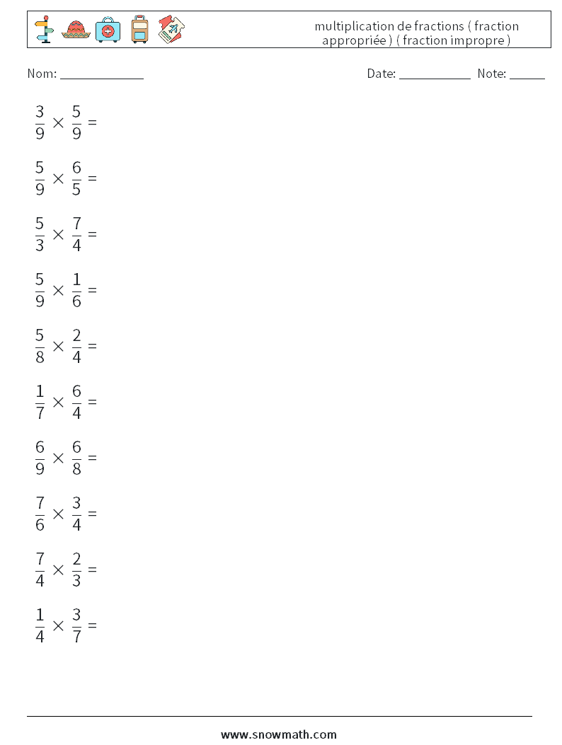 (10) multiplication de fractions ( fraction appropriée ) ( fraction impropre ) Fiches d'Exercices de Mathématiques 11