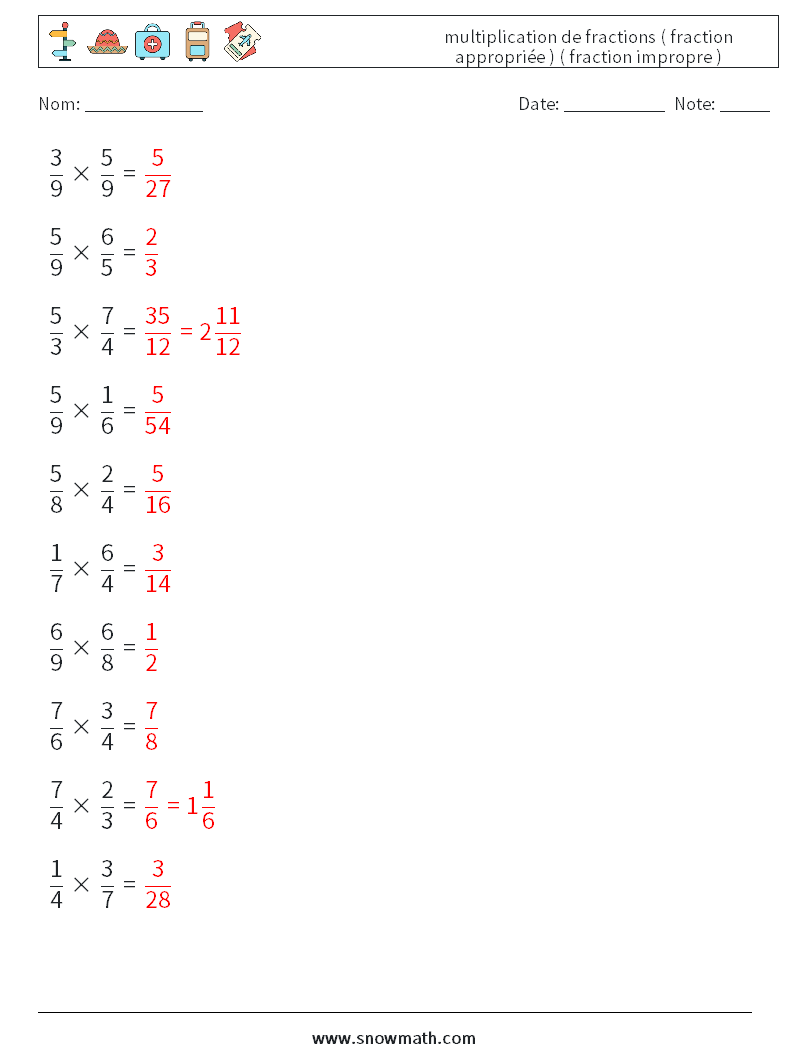 (10) multiplication de fractions ( fraction appropriée ) ( fraction impropre ) Fiches d'Exercices de Mathématiques 11 Question, Réponse