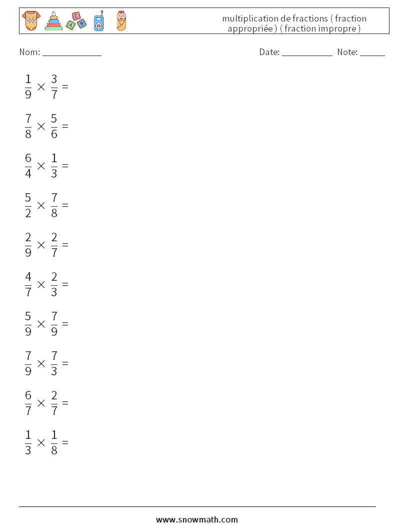 (10) multiplication de fractions ( fraction appropriée ) ( fraction impropre ) Fiches d'Exercices de Mathématiques 12