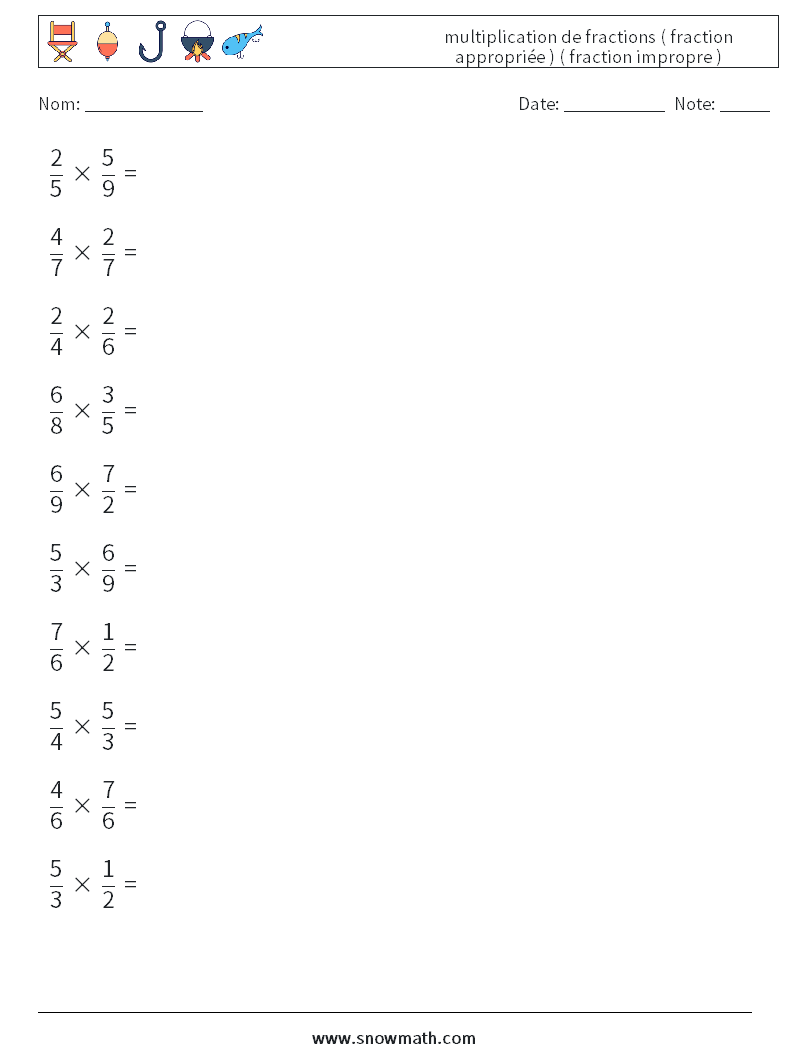 (10) multiplication de fractions ( fraction appropriée ) ( fraction impropre ) Fiches d'Exercices de Mathématiques 13