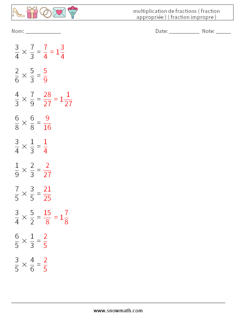 (10) multiplication de fractions ( fraction appropriée ) ( fraction impropre ) Fiches d'Exercices de Mathématiques 14 Question, Réponse