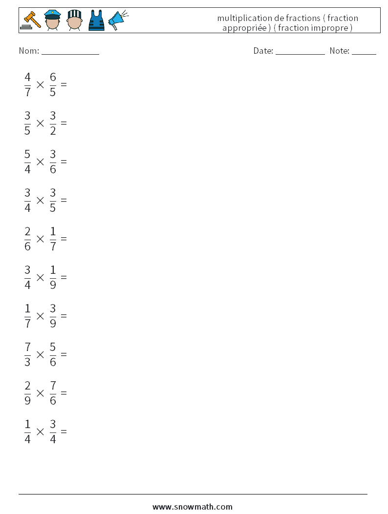 (10) multiplication de fractions ( fraction appropriée ) ( fraction impropre ) Fiches d'Exercices de Mathématiques 15