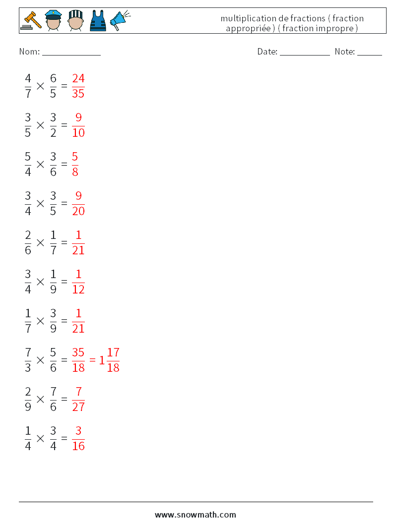 (10) multiplication de fractions ( fraction appropriée ) ( fraction impropre ) Fiches d'Exercices de Mathématiques 15 Question, Réponse