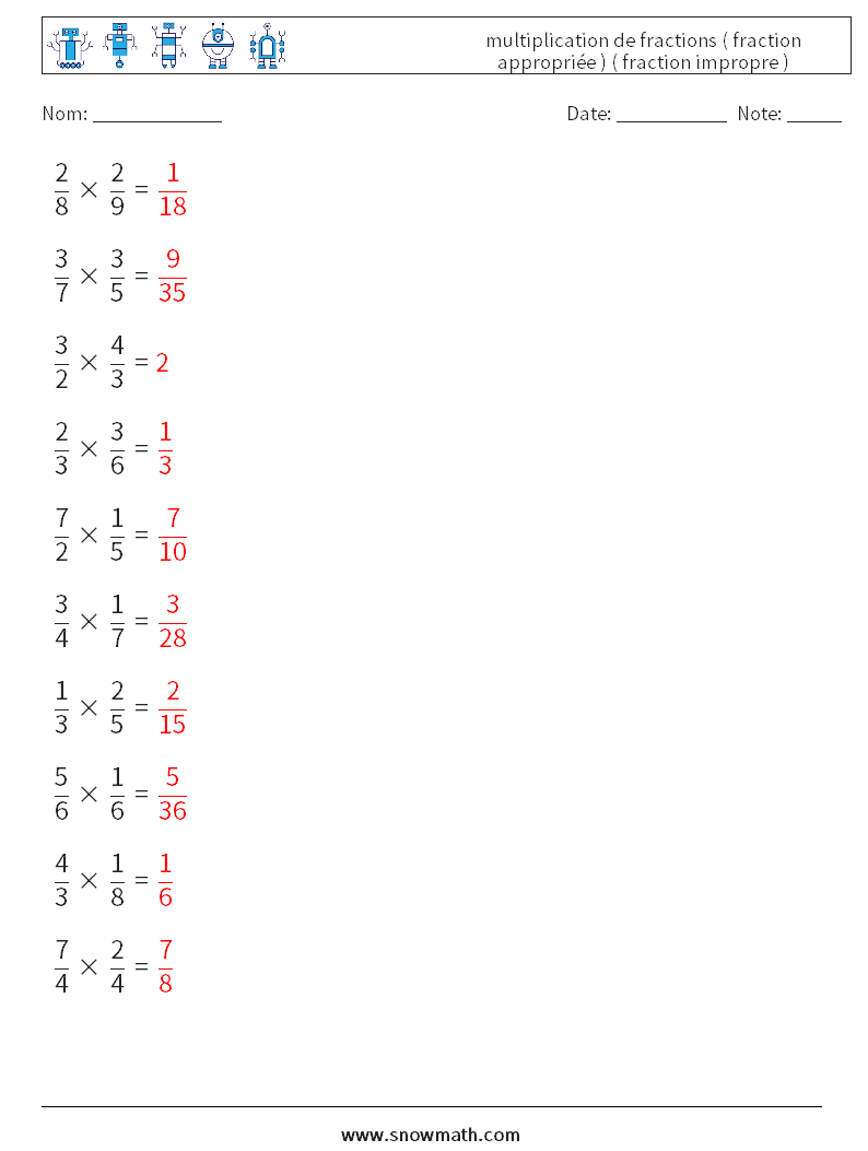 (10) multiplication de fractions ( fraction appropriée ) ( fraction impropre ) Fiches d'Exercices de Mathématiques 16 Question, Réponse