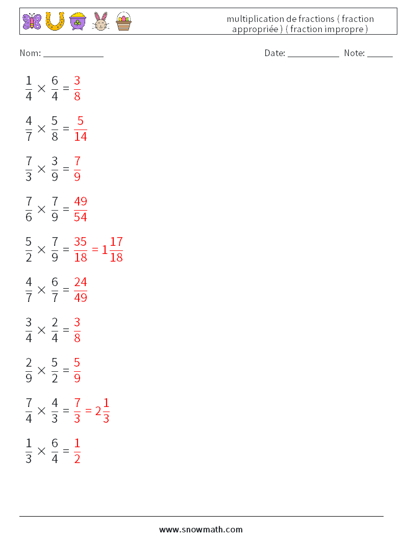 (10) multiplication de fractions ( fraction appropriée ) ( fraction impropre ) Fiches d'Exercices de Mathématiques 17 Question, Réponse