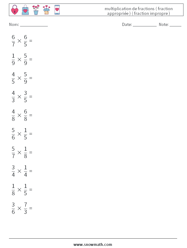 (10) multiplication de fractions ( fraction appropriée ) ( fraction impropre ) Fiches d'Exercices de Mathématiques 18