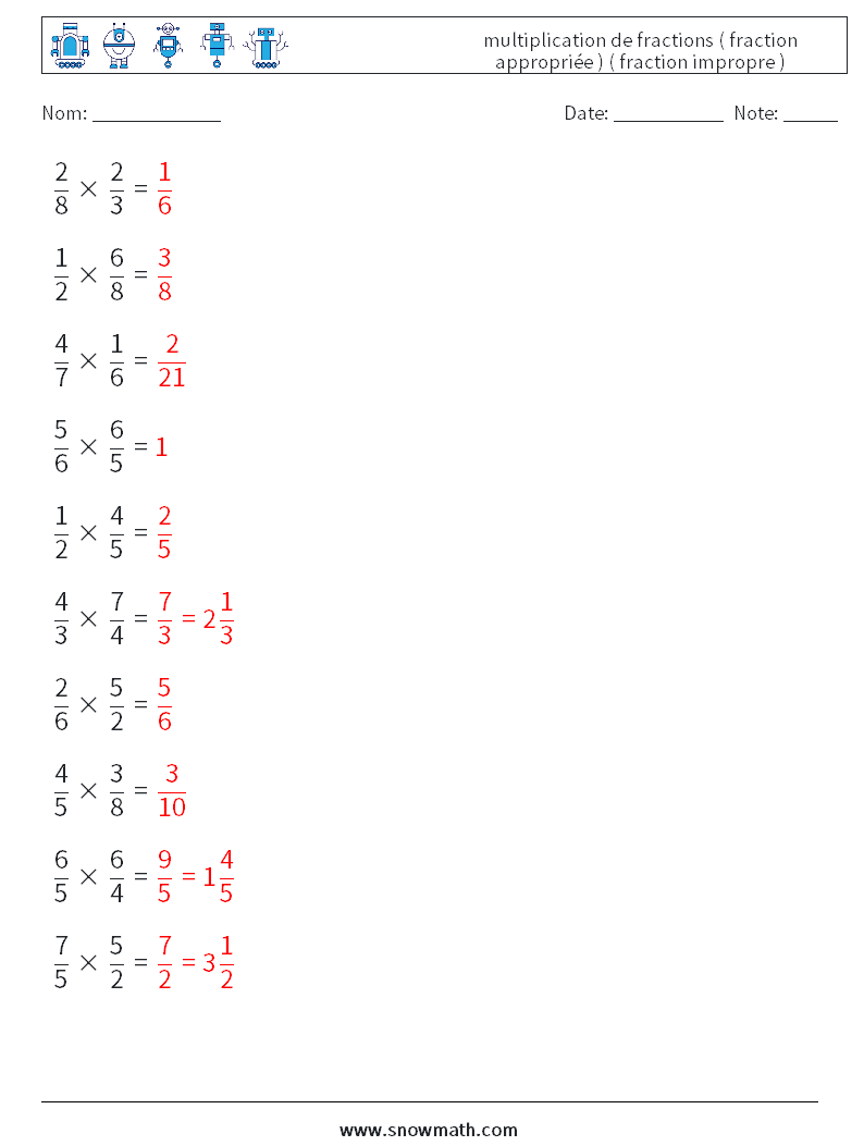 (10) multiplication de fractions ( fraction appropriée ) ( fraction impropre ) Fiches d'Exercices de Mathématiques 1 Question, Réponse