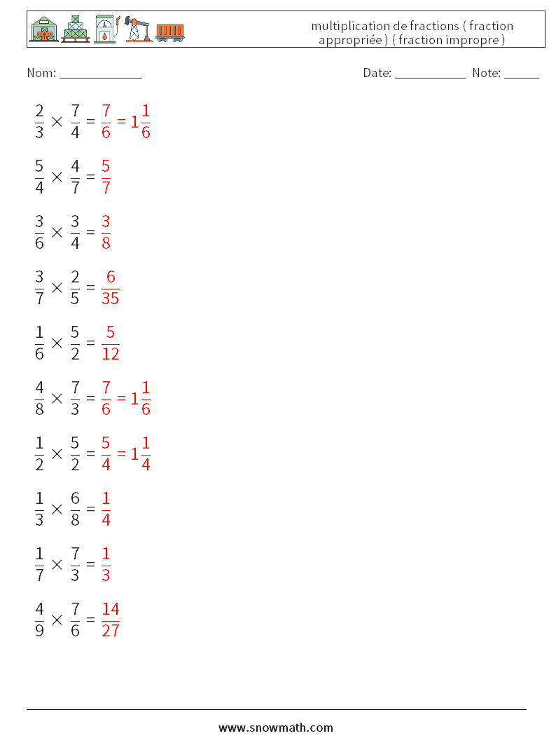 (10) multiplication de fractions ( fraction appropriée ) ( fraction impropre ) Fiches d'Exercices de Mathématiques 2 Question, Réponse