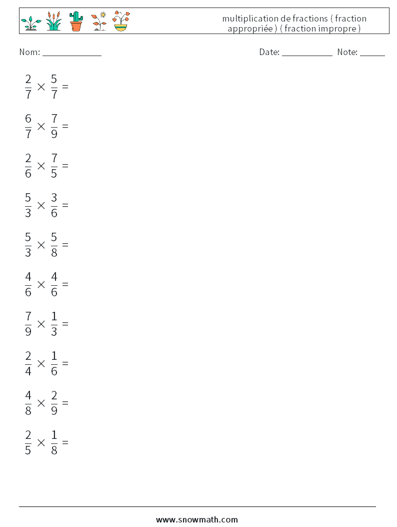 (10) multiplication de fractions ( fraction appropriée ) ( fraction impropre ) Fiches d'Exercices de Mathématiques 3