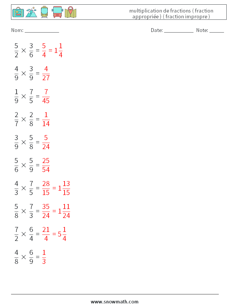 (10) multiplication de fractions ( fraction appropriée ) ( fraction impropre ) Fiches d'Exercices de Mathématiques 4 Question, Réponse