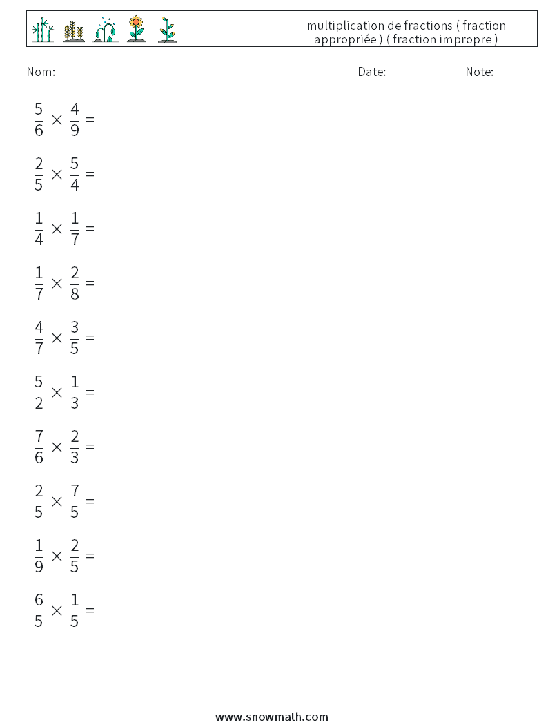 (10) multiplication de fractions ( fraction appropriée ) ( fraction impropre ) Fiches d'Exercices de Mathématiques 5