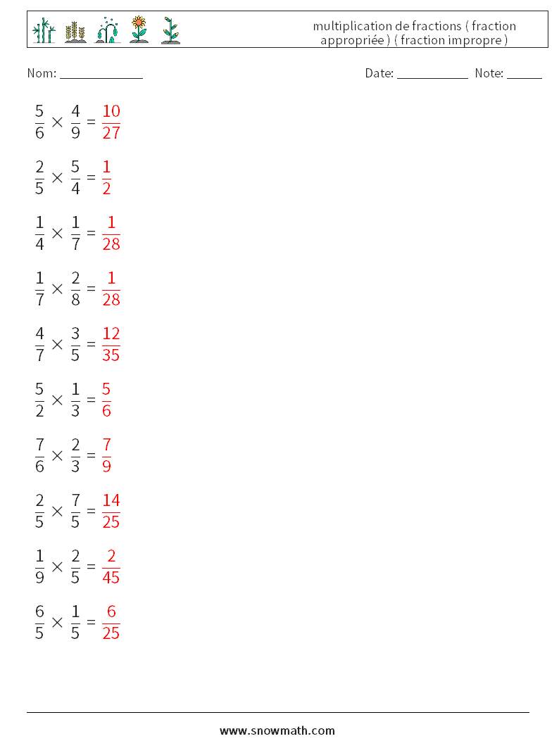 (10) multiplication de fractions ( fraction appropriée ) ( fraction impropre ) Fiches d'Exercices de Mathématiques 5 Question, Réponse