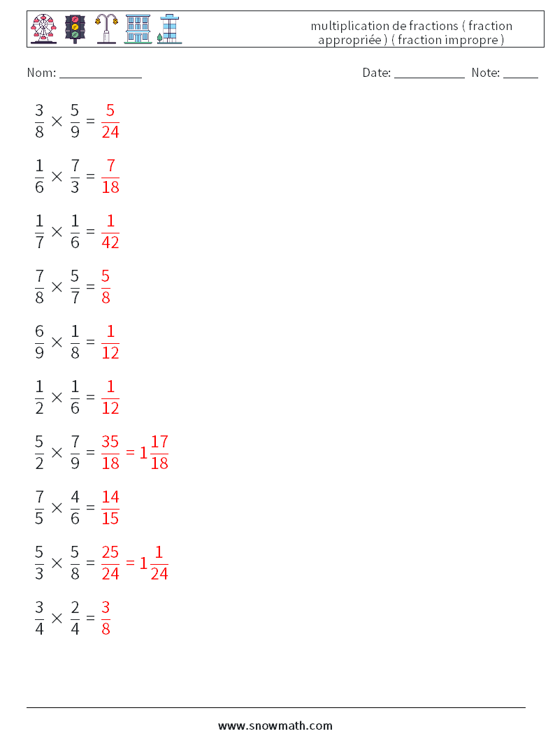 (10) multiplication de fractions ( fraction appropriée ) ( fraction impropre ) Fiches d'Exercices de Mathématiques 6 Question, Réponse