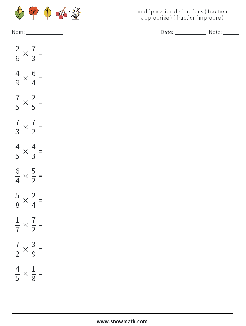 (10) multiplication de fractions ( fraction appropriée ) ( fraction impropre ) Fiches d'Exercices de Mathématiques 7